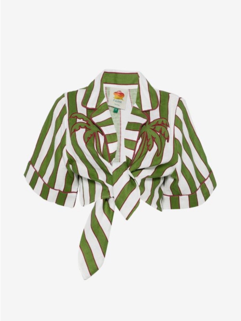FARM Rio Green Palm Embroidered Linen Stripes Self-Tie Cropped Top Size XL NWT - Picture 5 of 16